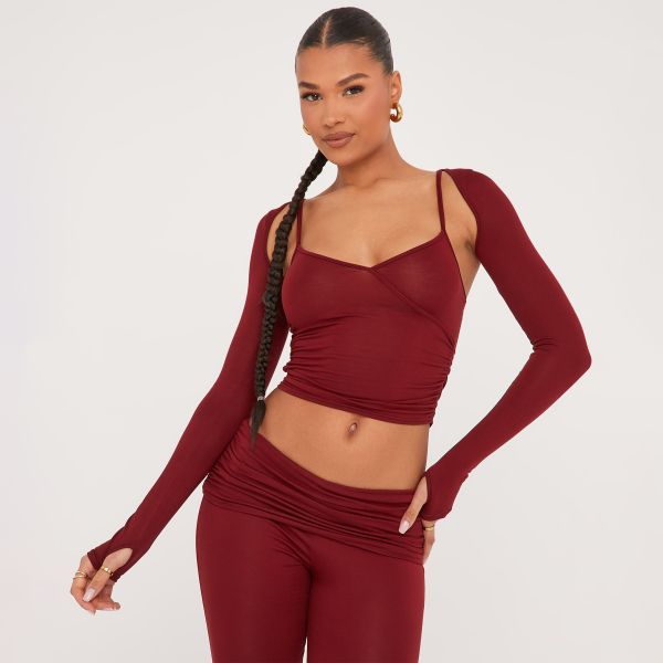 Strappy Wrap Crop Top And Bolero Sleeves In Burgundy, Women’s Size UK 10