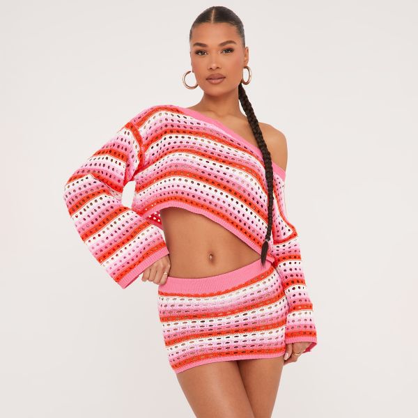 Long Sleeve Off The Shoulder Crop Top In Pink Stripe Crochet Knit, Women’s Size UK Small S