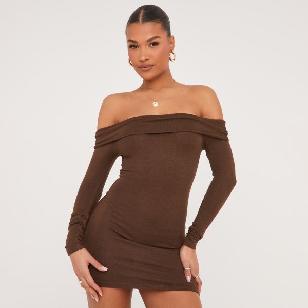 Fold Over Bardot Mini Bodycon Dress In Brown Brushed Ribbed, Women’s Size UK 6