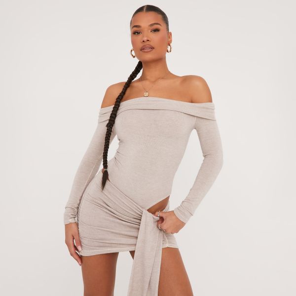 Fold Over Bardot Bodysuit In Stone Soft Knit, Women’s Size UK 10