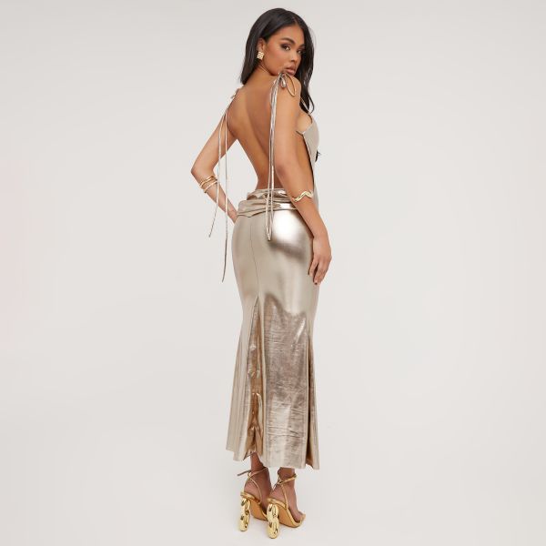 Cowl Neck Strappy Detail Open Back Maxi Dress In Champagne Metallic, Women’s Size UK Large L