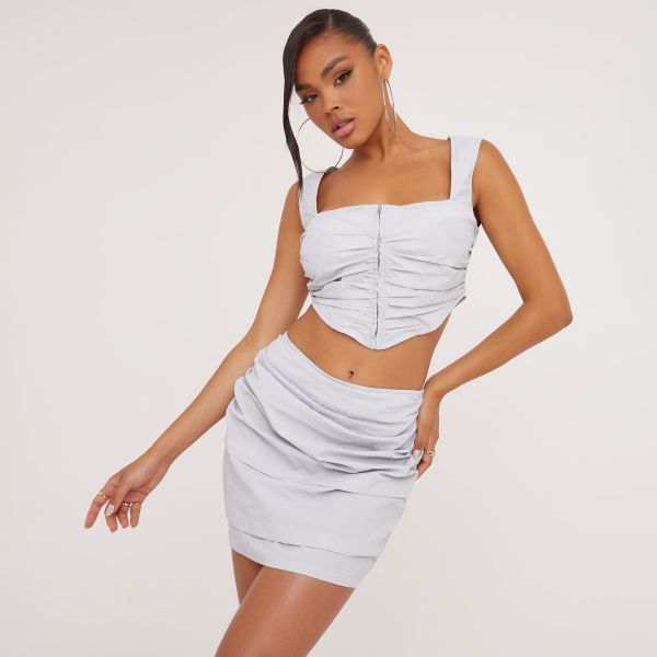 Square Neck Ruched Detail Zip Front Dipped Hem Crop Top In Icy Grey Parachute, Women’s Size UK 8