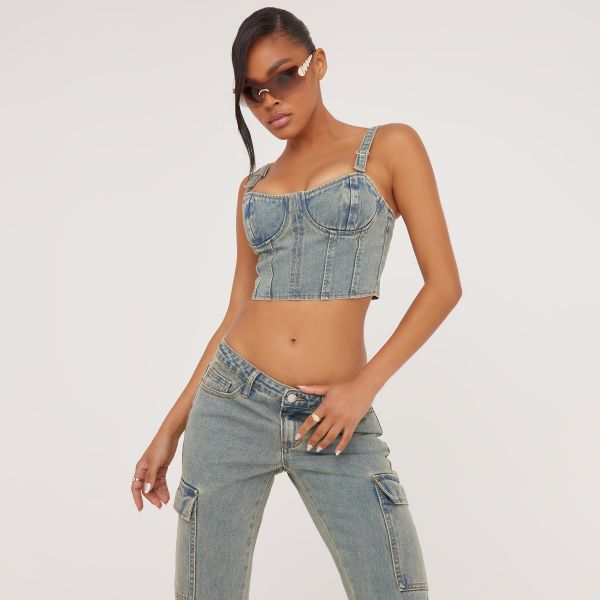 Buckle Strap Detail Structured Cropped Corset Top In Washed Blue Denim, Women’s Size UK 8