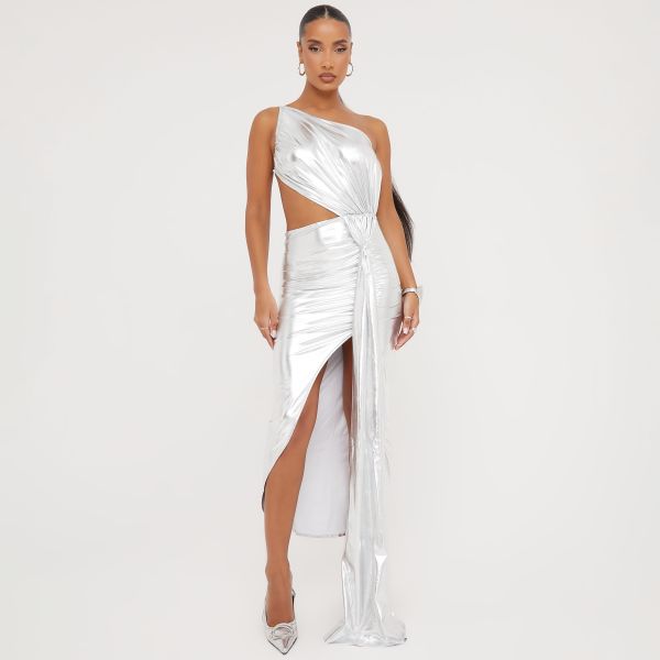 One Shoulder Cut Out Detail Open Back Split Leg Maxi Dress In Silver Metallic, Women’s Size UK Small S