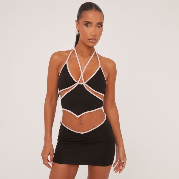 Strappy Pink Contrast Edge Detail Cut Out Crop Top In Black, Women’s Size UK 8