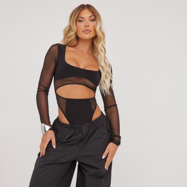 Long Sleeve Square Neck Cut Out Front Detail Mesh Contrast Bodysuit In Black Slinky, Women’s Size UK 6