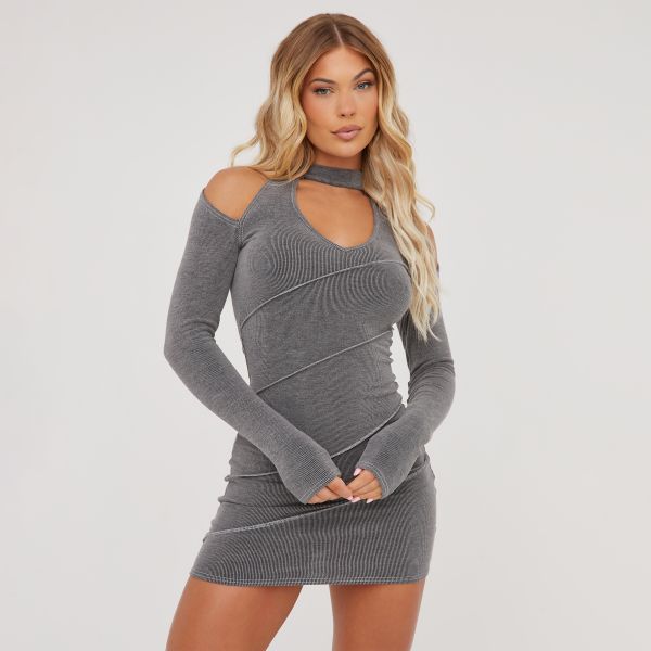 High Neck Cold Shoulder Cut Out Front Seam Detail Mini Bodycon Dress In Grey, Women’s Size UK 6