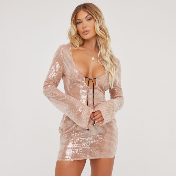 Long Sleeve Keyhole Cut Out Detail Mini Bodycon Dress In Nude Sheer Sequin, Women’s Size UK 12
