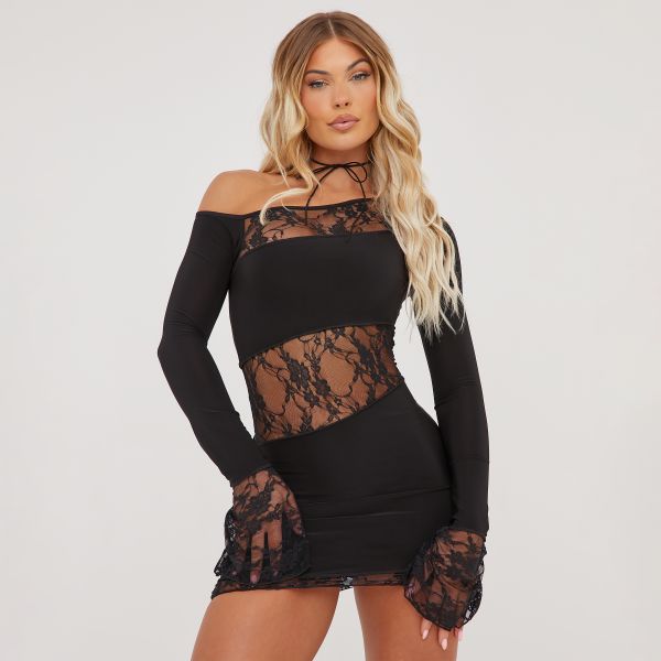 Off The Shoulder Lace Insert Detail Mini Bodycon Dress In Black, Women’s Size UK 6