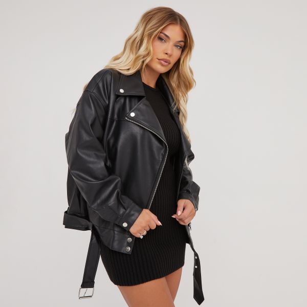 Zip Belt Detail Oversized Biker Jacket In Black Faux Leather, Women’s Size UK 6