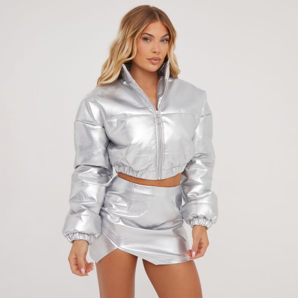 High Neck Zip Up Cropped Puffer Jacket In Silver Metallic, Women’s Size UK 10