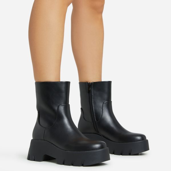 Bandit Chunky Sole Ankle Biker Boot In Black Faux Leather, Women’s Size UK 4