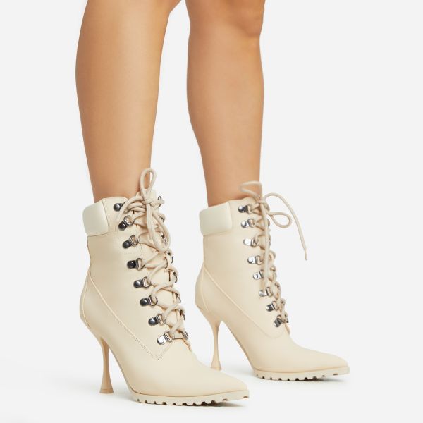 Thats-The-Girl Lace Up Pointed Toe Heeled Ankle Boot In Cream Faux Suede, Women’s Size UK 7