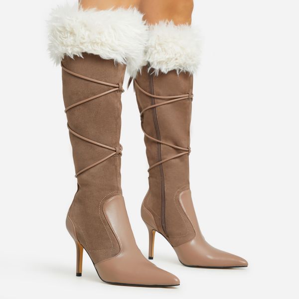 Blazer Lace Up Faux Fur Trim Detail Pointed Toe Stiletto Heel Knee High Long Boot In Taupe Faux Suede, Women’s Size UK 6