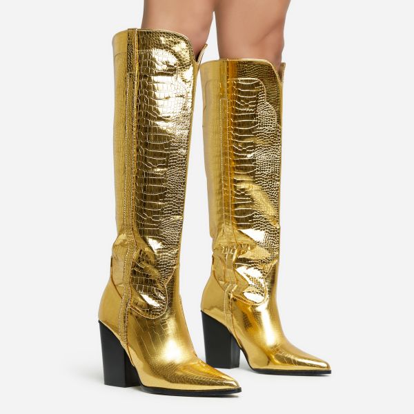gaia pointed toe block heel knee high long western cowboy boot in gold croc print faux leather, women's size uk 6