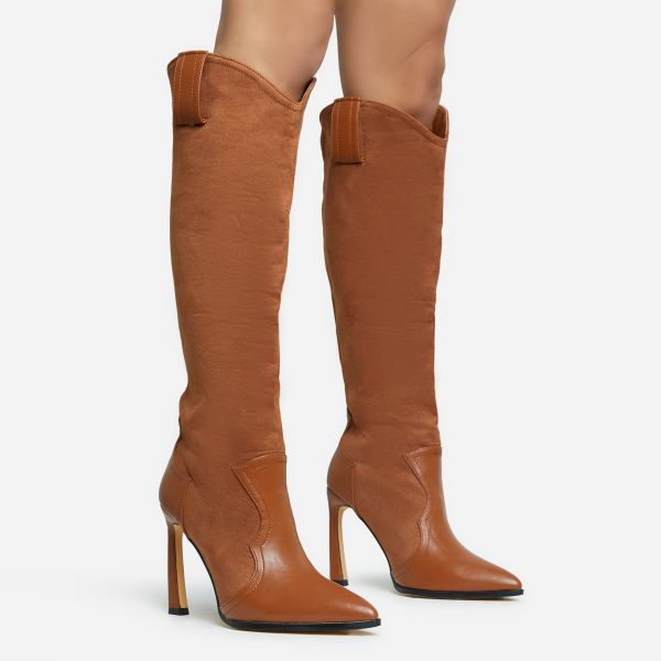 Run-Wild Pointed Toe Stiletto Heel Knee High Long Western Cowboy Boot In Tan Brown Faux Suede And Faux Leather, Women’s Size UK 7