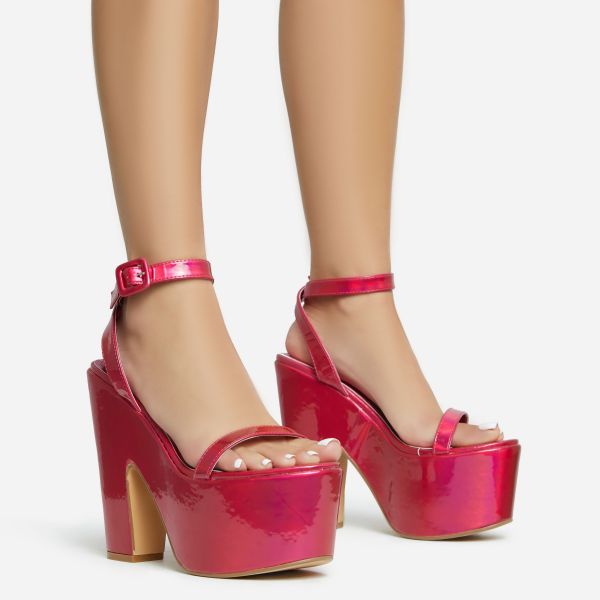 Lina Ankle Strap Platform Wedge Heel In Pink Metallic Faux Leather, Women’s Size UK 5