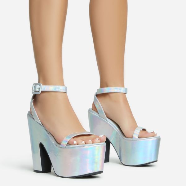 Lina Ankle Strap Platform Wedge Heel In Silver Iridescent Metallic Faux Leather, Women's Size UK 6