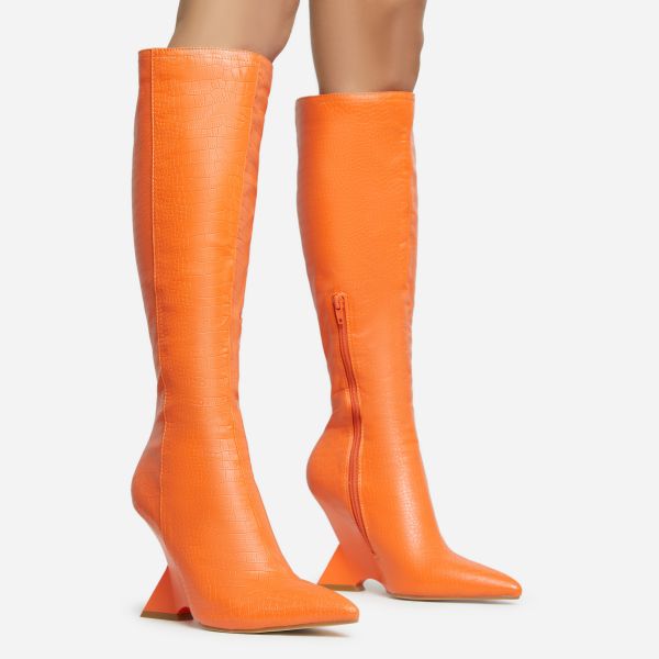 Power-Nap Pointed Toe Statement Cut Out Wedge Knee High Long Boot In Orange Croc Print Faux Leather, Women’s Size UK 6