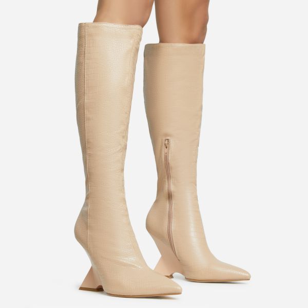 Power-Nap Pointed Toe Statement Cut Out Wedge Knee High Long Boot In Nude Croc Print Faux Leather, Women’s Size UK 5