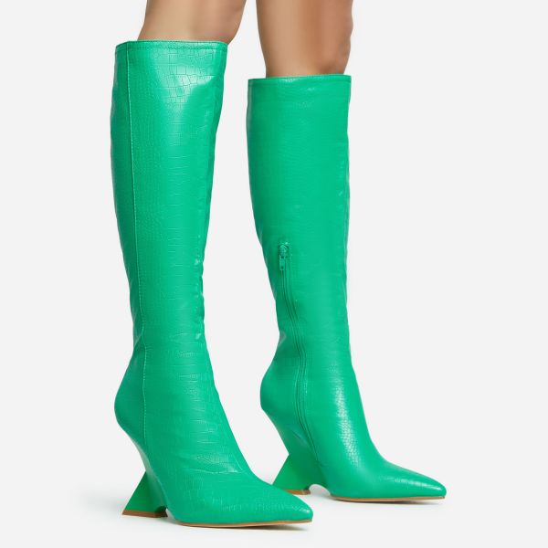 Power-Nap Pointed Toe Statement Cut Out Wedge Knee High Long Boot In Green Croc Print Faux Leather, Women’s Size UK 5