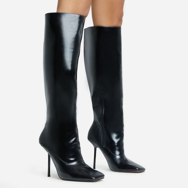 Lavia Square Toe Stiletto Heel Knee High Long Boot In Black Faux Leather, Women’s Size UK 4