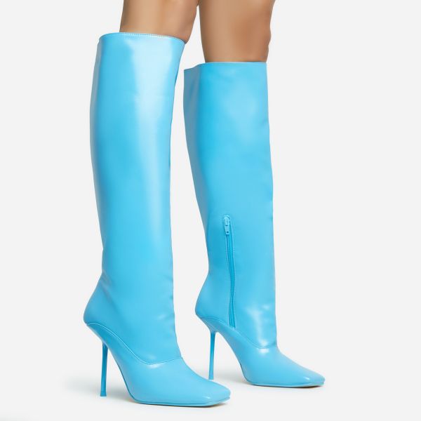 Lavia Square Toe Stiletto Heel Knee High Long Boot In Blue Faux Leather, Women’s Size UK 5