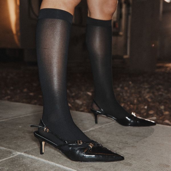 Quin Buckle Detail Pointed Toe Slingback Kitten Court Heel In Black Faux Leather, Women’s Size UK 4