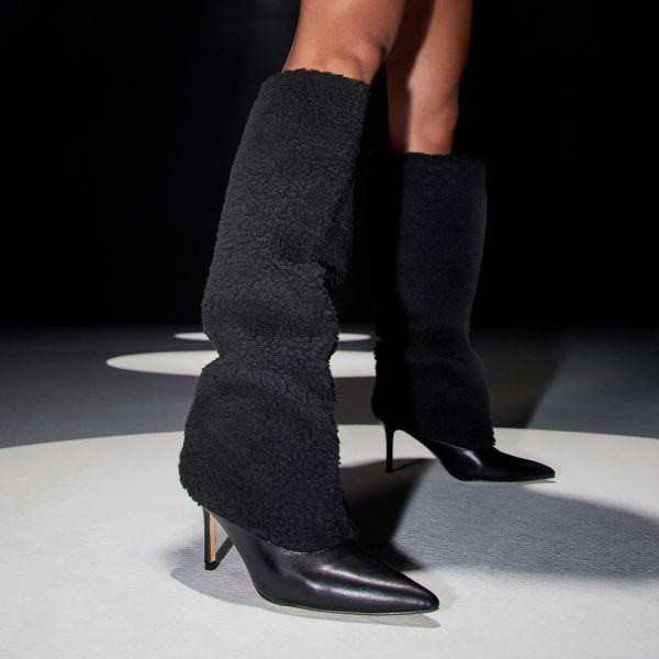 Snowfoot Faux Shearling Contrast Pointed Toe Stiletto Heel Knee High Long Boot In Black Faux Leather, Women’s Size UK 7