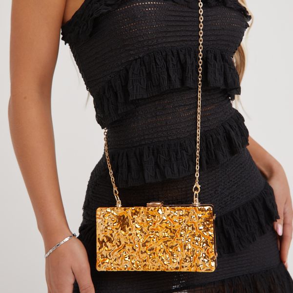 Donna Crinkle Detail Rectangle Shaped Cross Body Clutch Bag In Gold Metallic, Women’s Size UK One Size