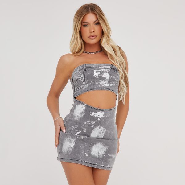 Bandeau Silver Foil Detail Cut Out Front Mini Dress In Grey, Women’s Size UK 8