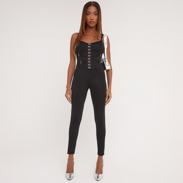 Strappy Hook And Eye Front Corset Waist Detail Jumpsuit In Black Slinky, Women’s Size UK 12