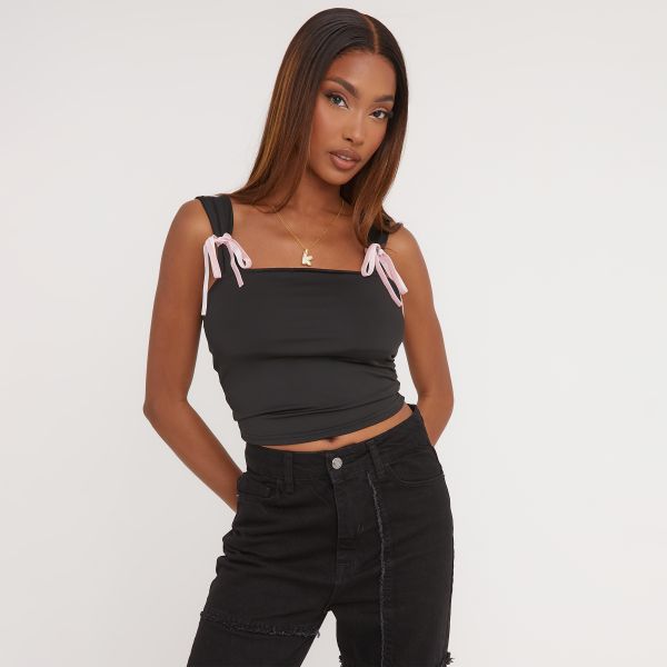 Square Neck Contrast Bow Detail Crop Top In Black, Women’s Size UK Small S