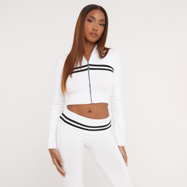 Zip Up Contrast Stripe Detail Cropped Jumper In White Knit, Women’s Size UK Small S