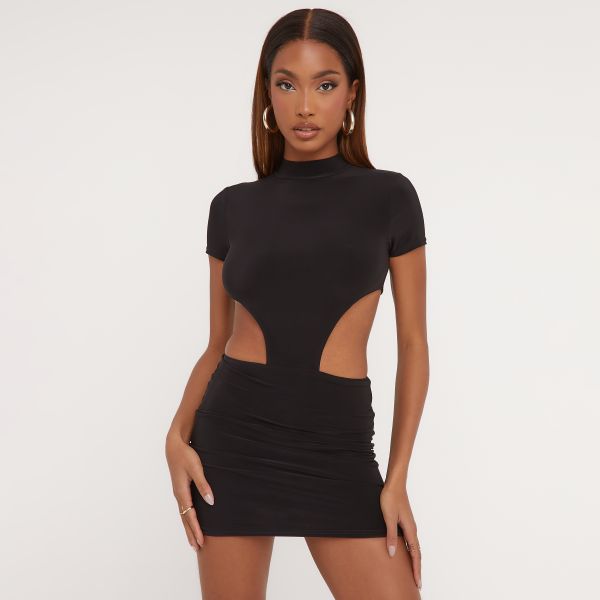 High Neck Short Sleeve Cut Out Detail Mini Bodycon Dress In Black Slinky, Women’s Size UK 10
