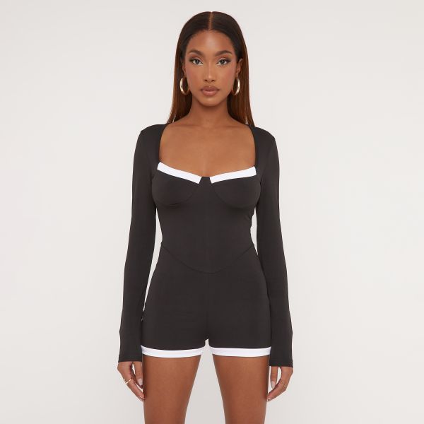 Long Sleeve Contrast Trim Detail Playsuit In Black Woven, Women’s Size UK Small S