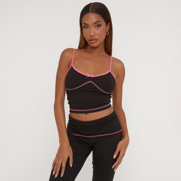 Strappy Contrast Stitch Bow Front Crop Top In Black, Women’s Size UK 6