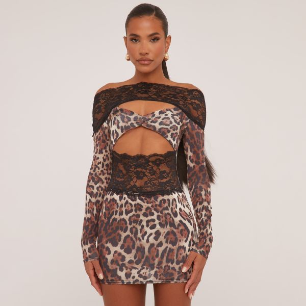 Bardot Cut Out Front Lace Trim Mini Bodycon Dress In Brown Leopard Print Slinky, Women’s Size UK 8