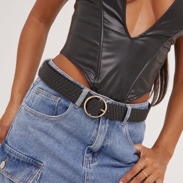 Round Buckle Woven Detail Belt In Black Faux Leather, Women’s Size UK One Size