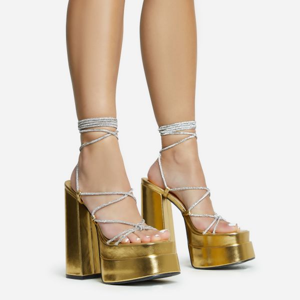 Star-Walker Lace Up Diamante Knotted Strap Detail Extreme Platform Block Heel In Gold Metallic Faux Leather, Women’s Size UK 5