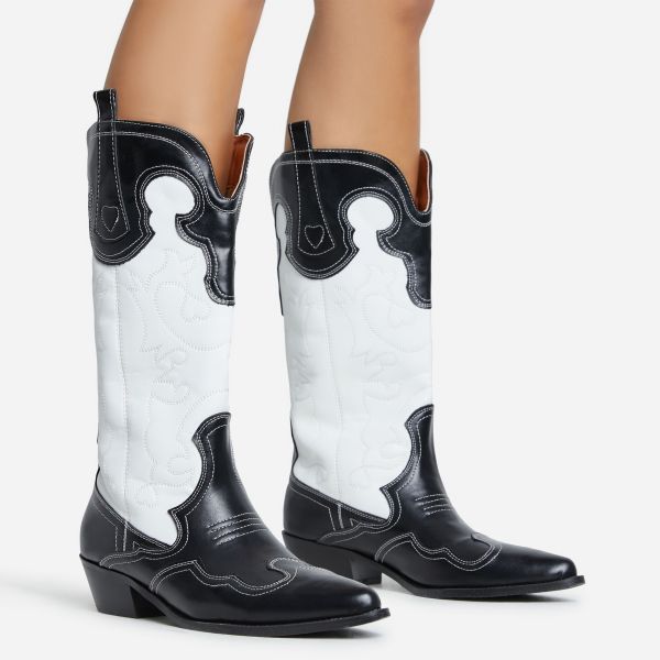 Barn-Dance Embroidered Detail Pointed Toe Block Heel Mid Calf Ankle Western Cowboy Boot In Black And White Faux Leather, Women’s Size UK 4