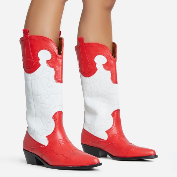 Barn-Dance Embroidered Detail Pointed Toe Block Heel Mid Calf Ankle Western Cowboy Boot In Red And White Faux Leather, Women’s Size UK 4