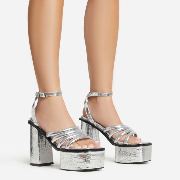 perocious strappy square toe platform block heel in silver croc print faux leather, women's size uk 5