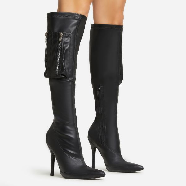Truman Side Pocket Detail Pointed Toe Stiletto Heel Knee High Long Boot In Black Faux Leather, Women’s Size UK 5