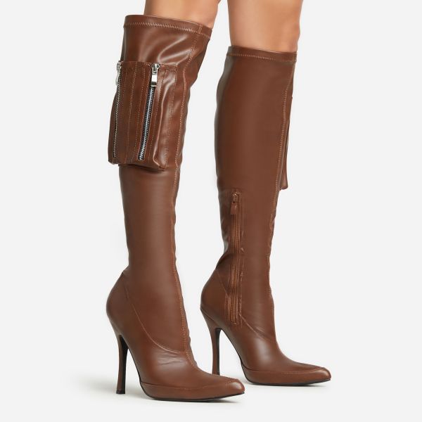 Truman Side Pocket Detail Pointed Toe Stiletto Heel Knee High Long Boot In Brown Faux Leather, Women’s Size UK 4