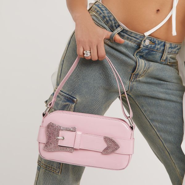 Shadow Oversized Diamante Buckle Detail Rectangle Shaped Shoulder Bag In Pink Patent, Women’s Size UK One Size