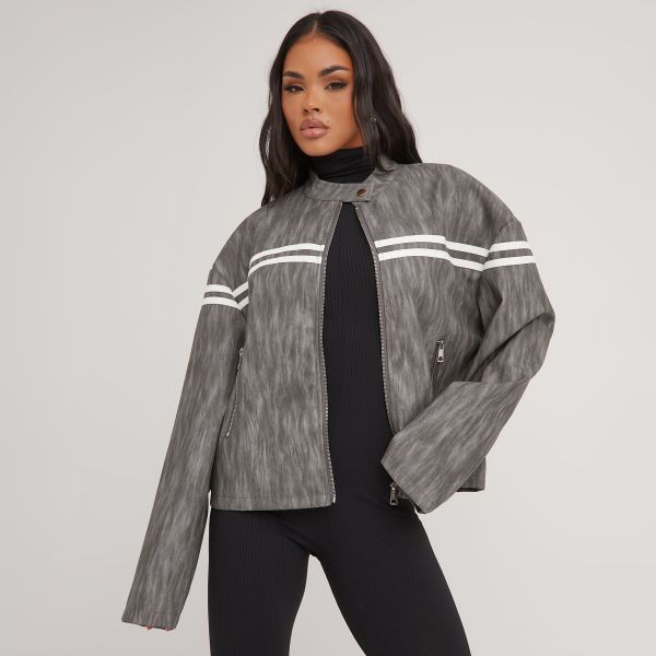 Contrast Stripe Detail Motocross Jacket In Washed Grey Faux Leather, Women’s Size UK 14