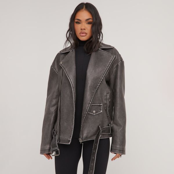 Oversized Pocket Detail Biker Jacket In Washed Grey Faux Leather, Women’s Size UK 10