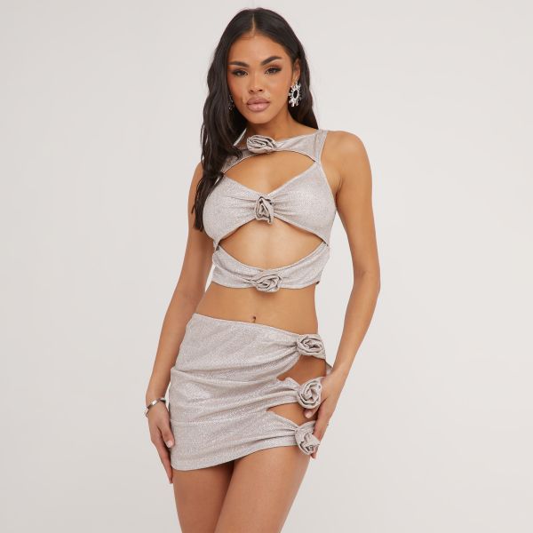 Sleeveless Cut Out Rose Detail Crop Top And Mini Skirt Co-Ord Set In Silver Glitter, Women’s Size UK Large L