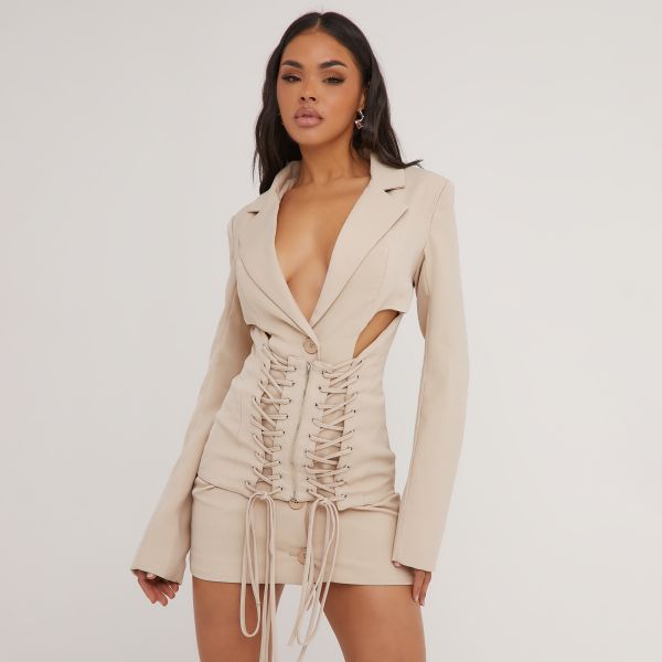 Corset Cut Out Detail Lace Up Blazer Dress In Stone Woven, Women’s Size UK 12